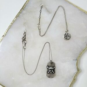 Fossil Lucky Brand Gun Metal Skull Punk Rock Set of Two Necklaces